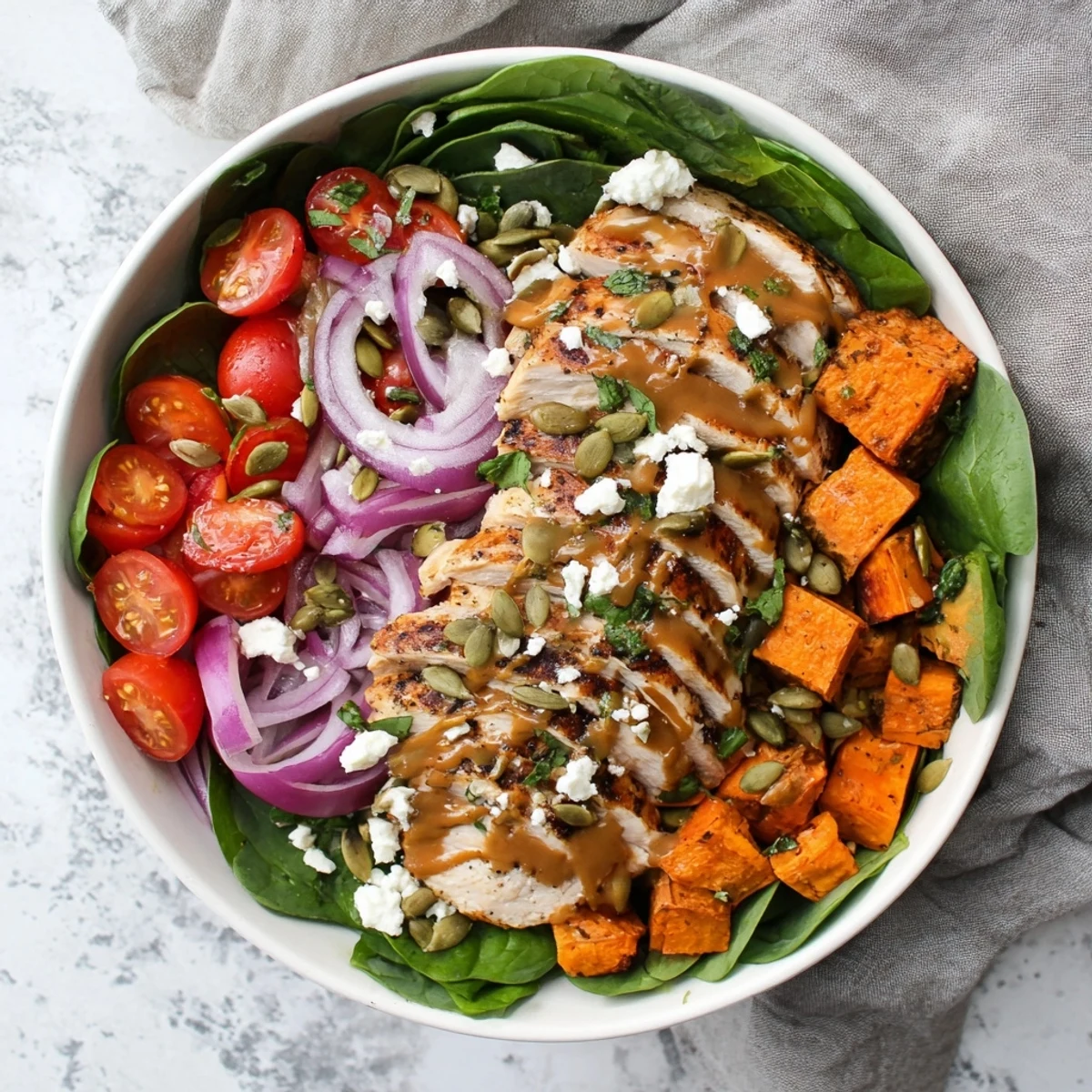 Sliced maple Dijon chicken arranged over colorful roasted sweet potatoes with crisp greens and cherry tomatoes