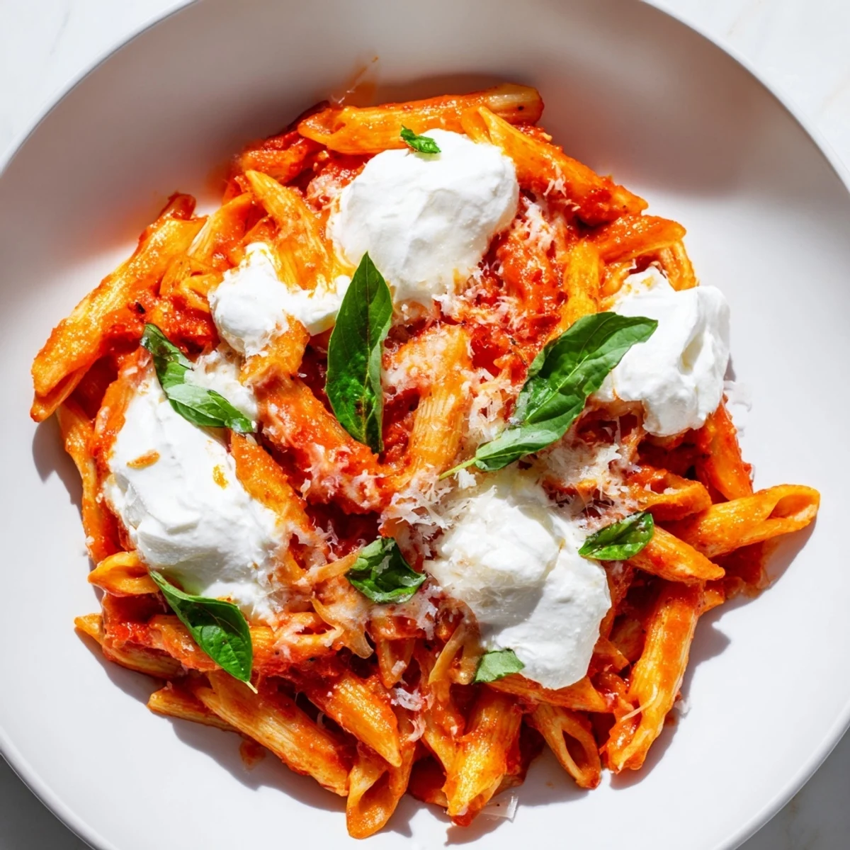 Creamy tomato garlic ricotta penne topped with fresh basil leaves on white plate
