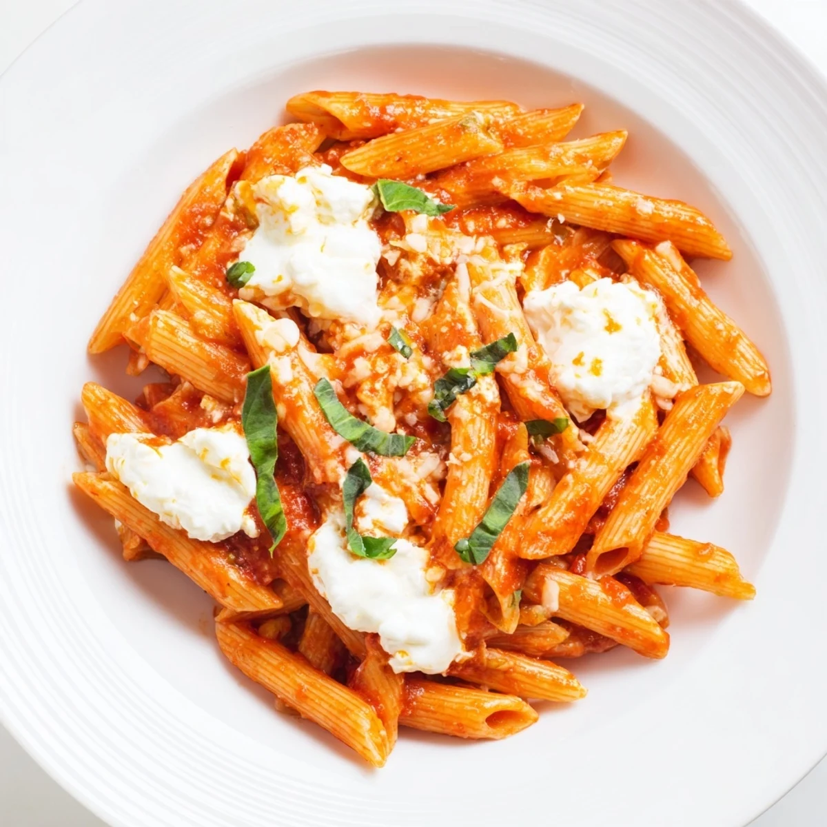 Tender penne pasta coated in rich tomato garlic sauce with creamy ricotta swirls