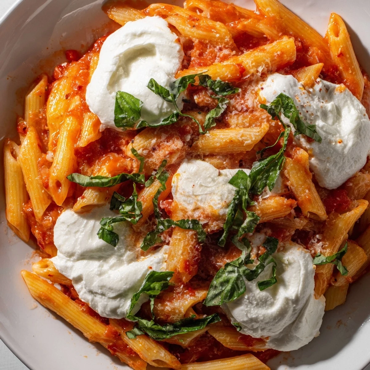 Steaming bowl of tomato garlic ricotta penne garnished with Parmesan and torn basil