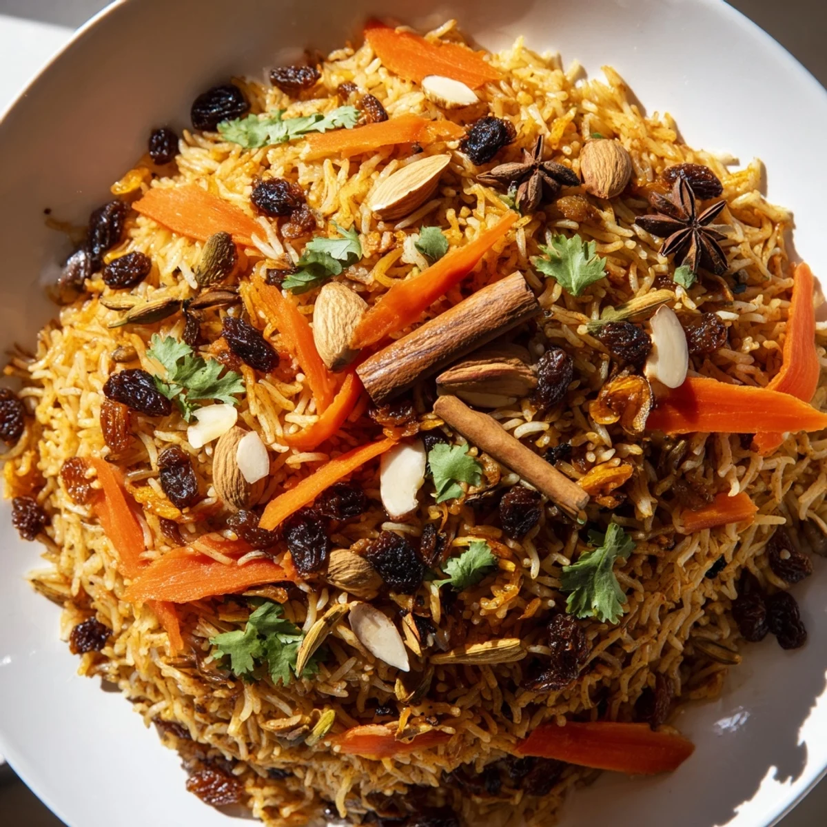 Golden Afghan rice topped with caramelized carrots, plump raisins, and fragrant warming spices