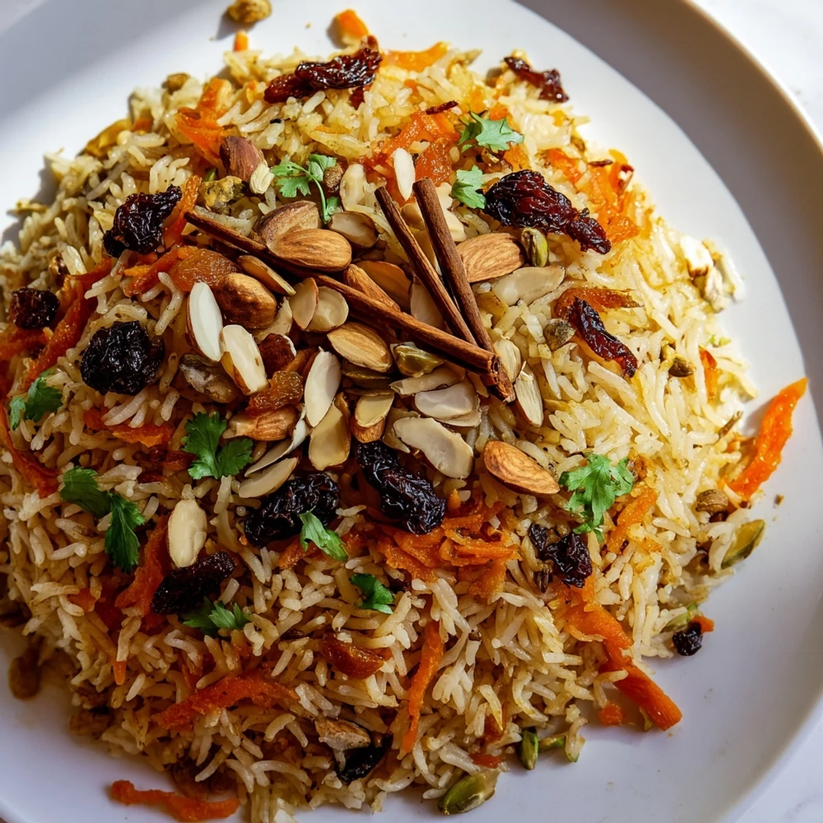 Fluffy Afghan rice pilaf garnished with toasted almonds and sweet raisins in a traditional serving bowl