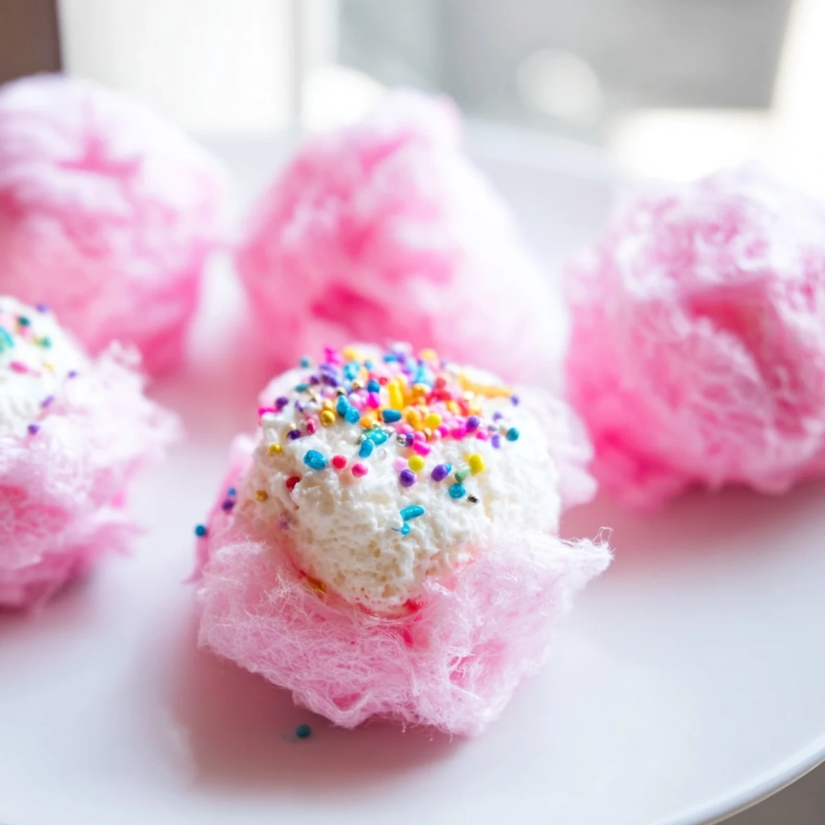 Mini Cotton Candy Cheesecake Puff Balls with fluffy pastel coating and creamy centers on a serving plate