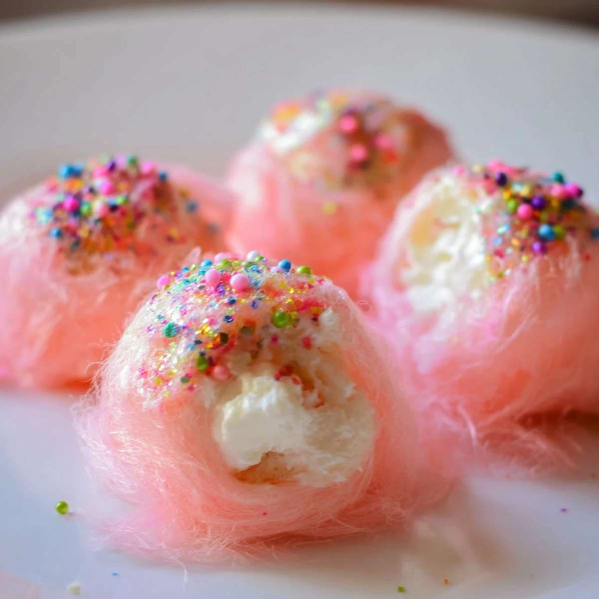 Creamy cheesecake balls wrapped in pink cotton candy clouds topped with rainbow sprinkles