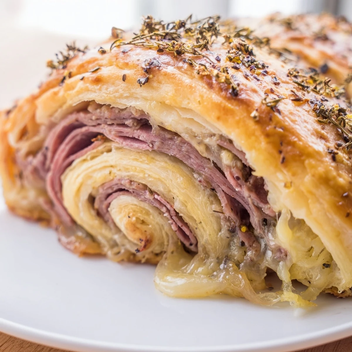 Golden Beef and Cheese French Dip Roll Ups arranged on a rustic wooden board with small bowl of rich au jus dipping sauce