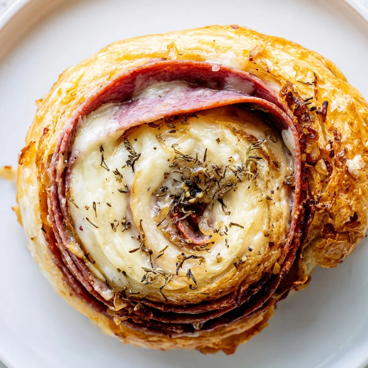 Beef and Cheese French Dip Roll Ups with melted provolone cheese oozing from flaky golden crescent pastry