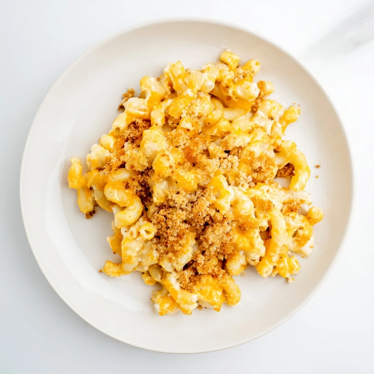 Creamy three cheese baked macaroni in a white dish with melted cheese pulls