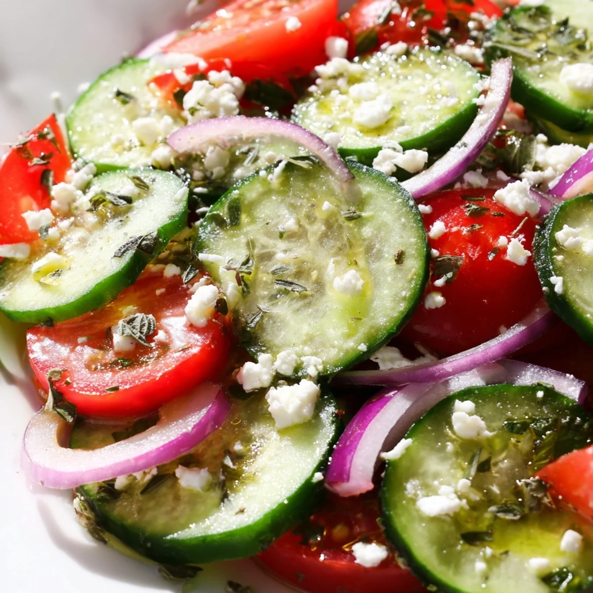 Italian cucumber salad with crisp vegetables and zesty herb dressing in white serving bowl