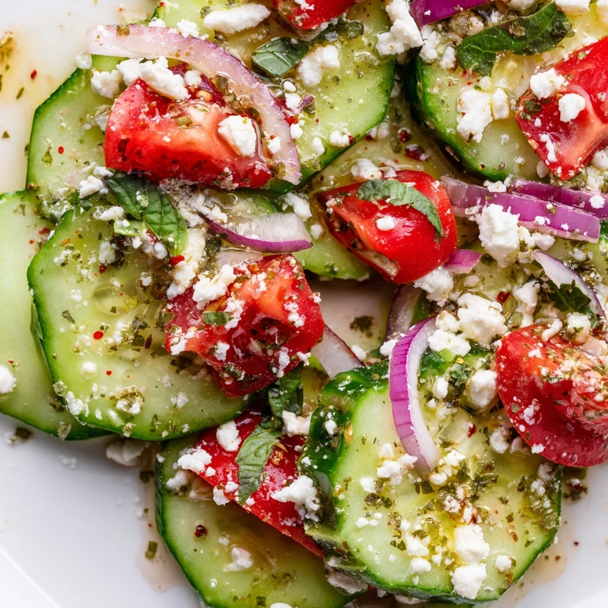 Fresh Italian cucumber salad featuring ripe tomatoes, red onion, and glossy vinaigrette coating