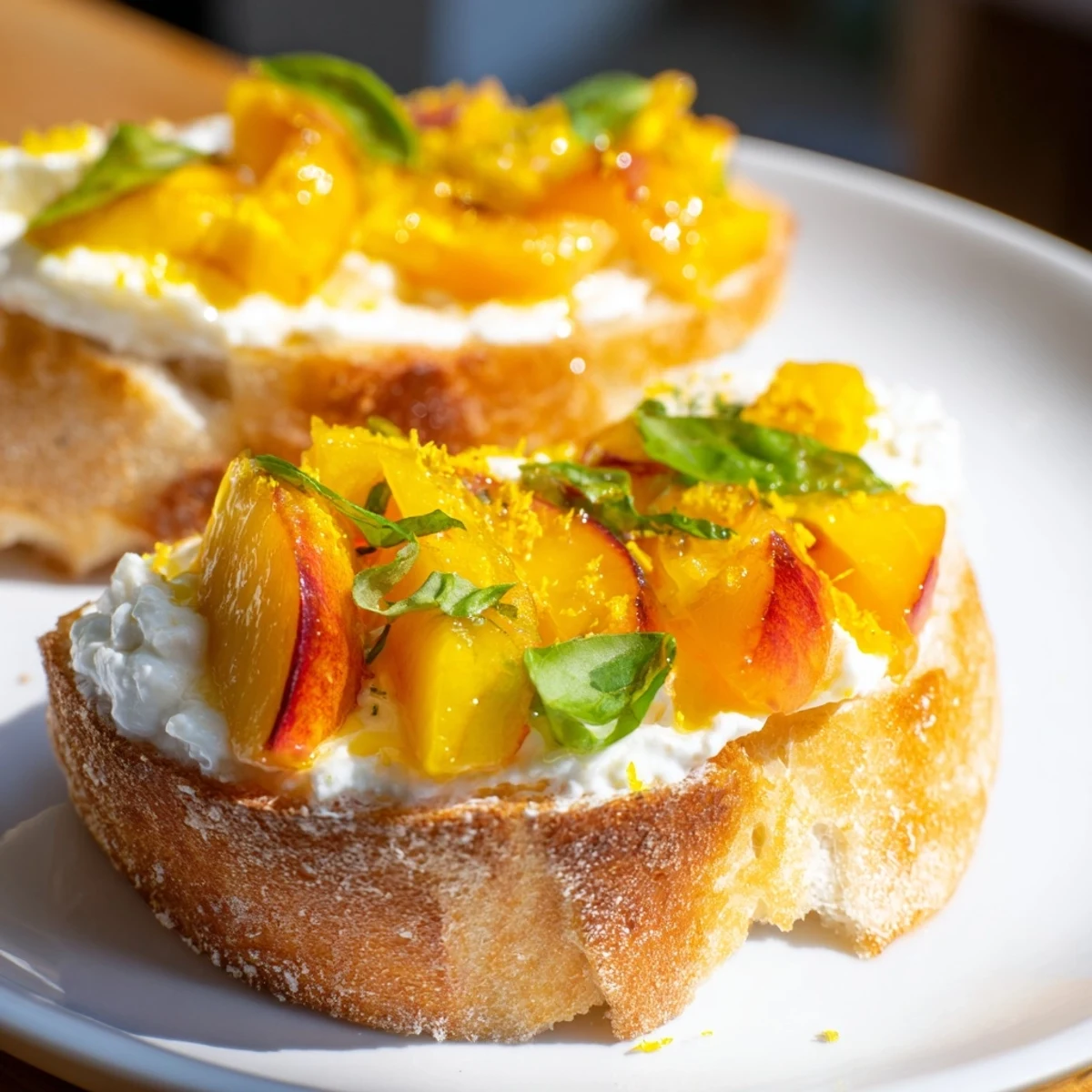 Golden toasted baguette slices topped with creamy ricotta and sweet Sun Kissed Peach Bruschetta