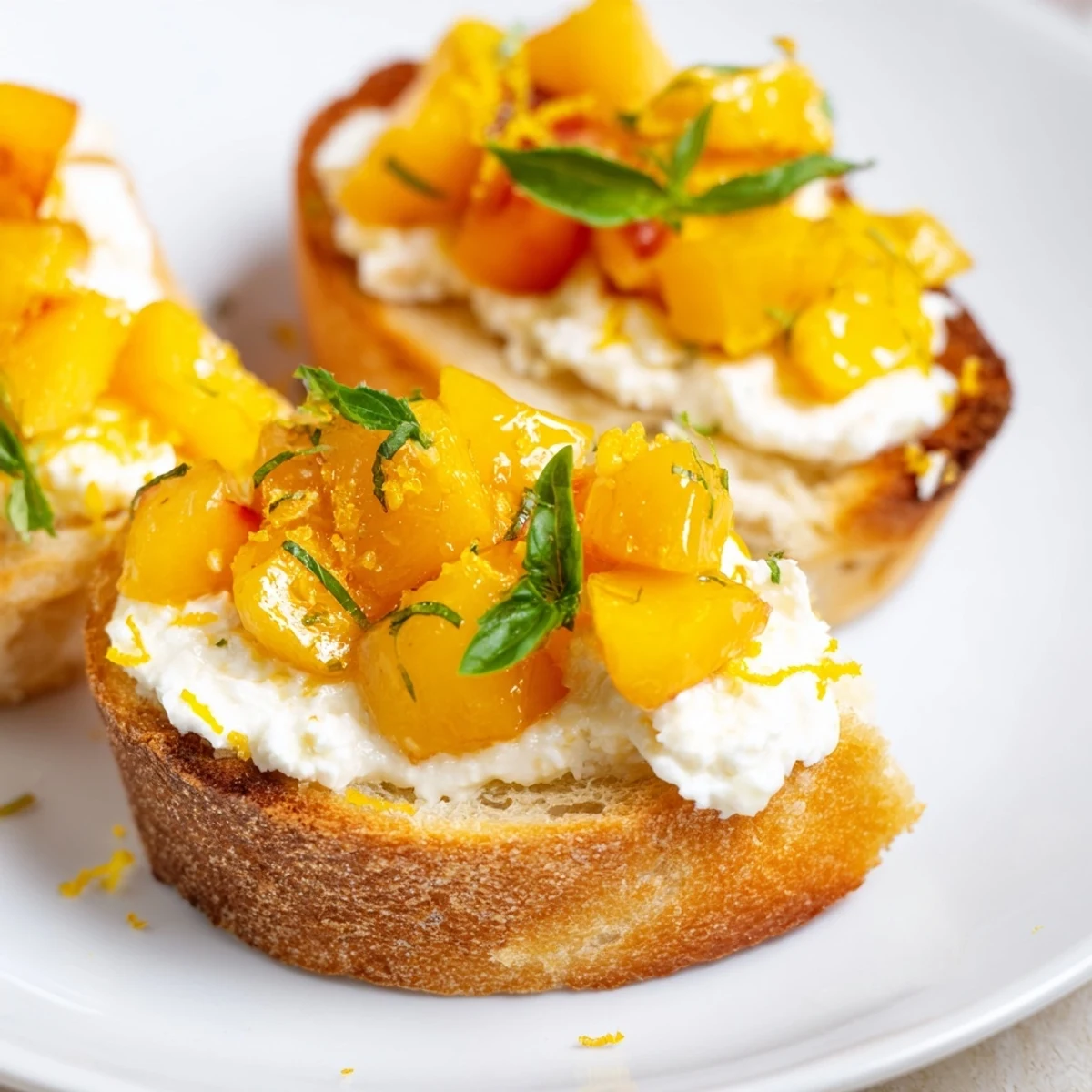 Fresh Sun Kissed Peach Bruschetta with juicy peaches and basil on crispy bread rounds