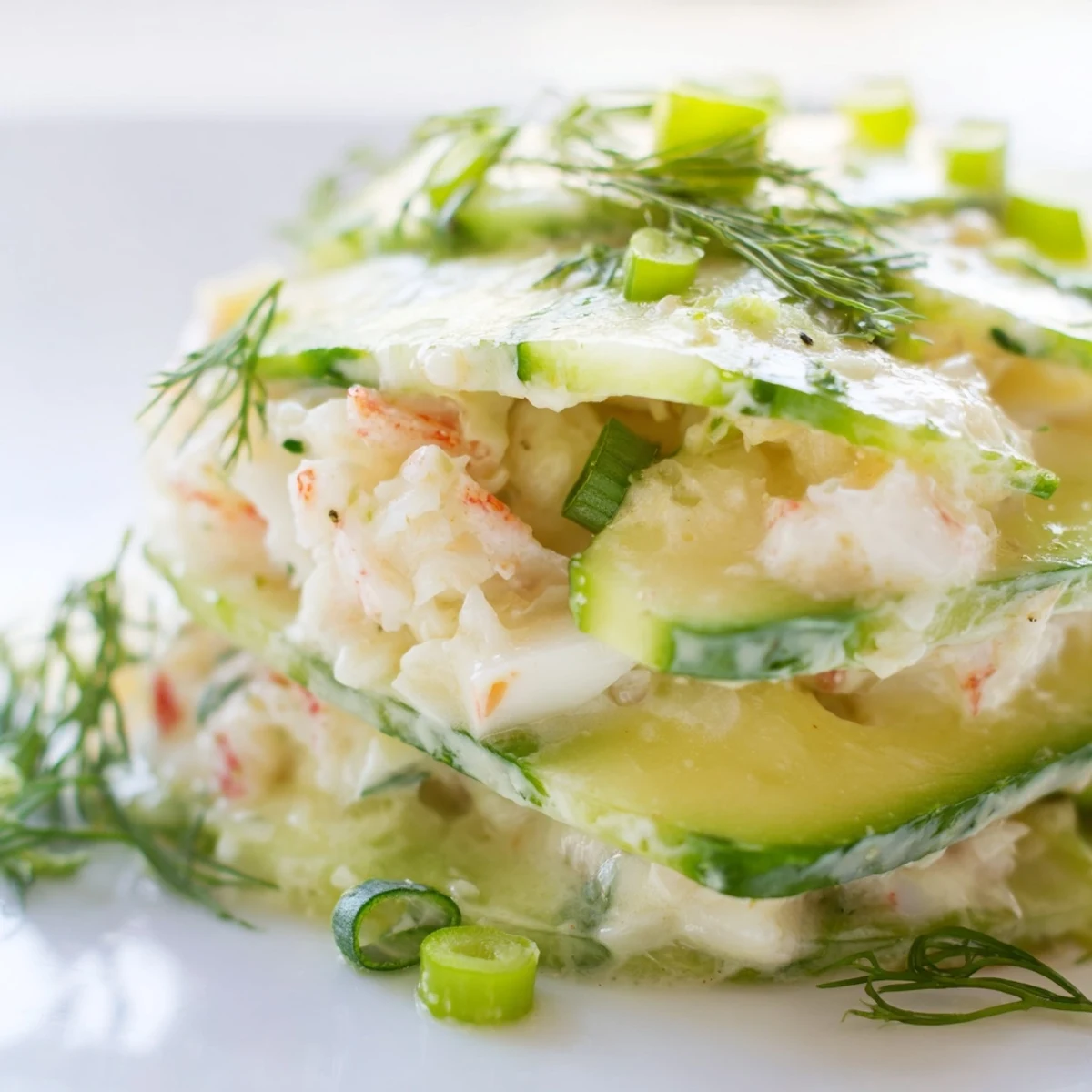 Cucumber salad with crab meat in creamy dressing topped with fresh chopped dill