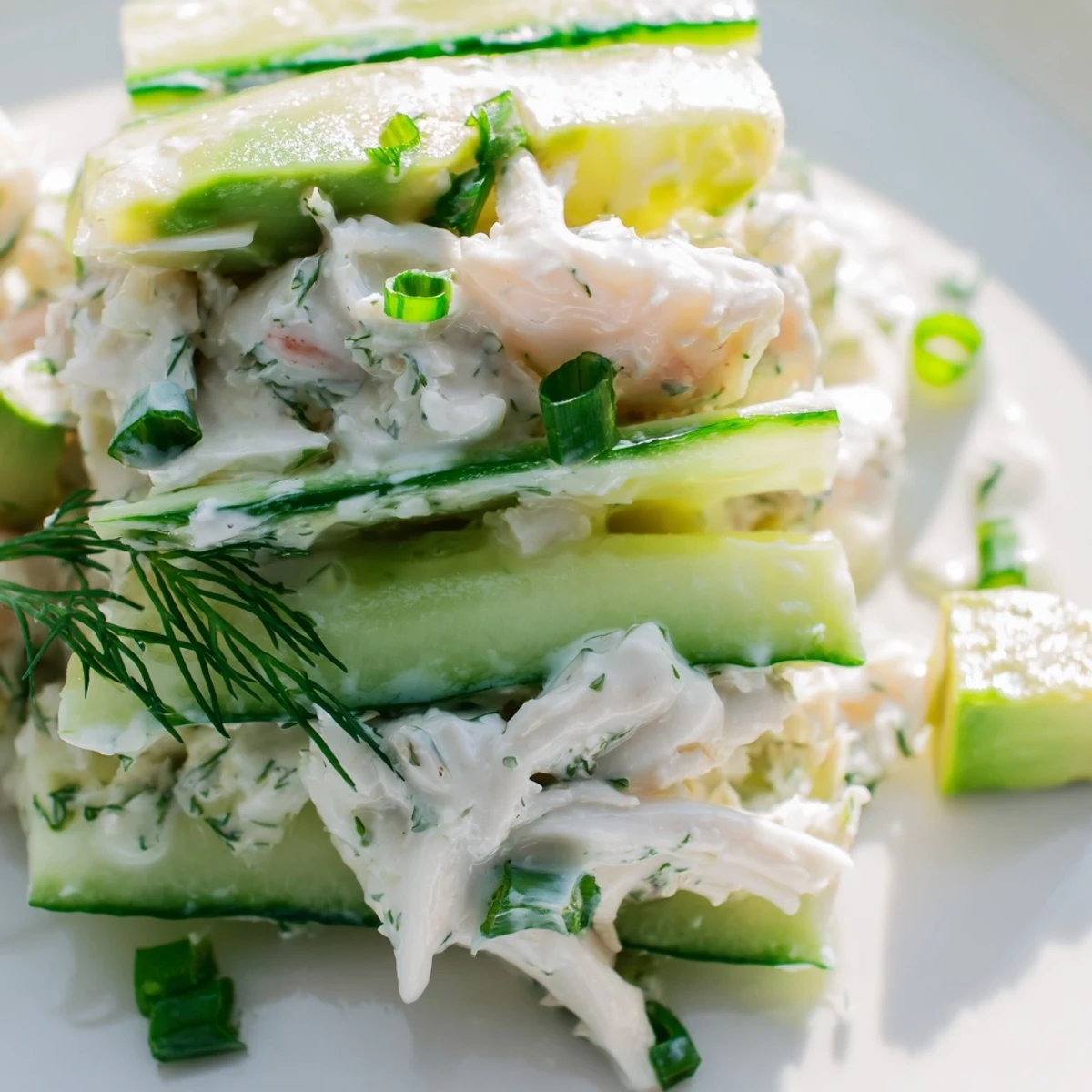 Light summer cucumber salad with crab meat garnished with dill and lemon wedges