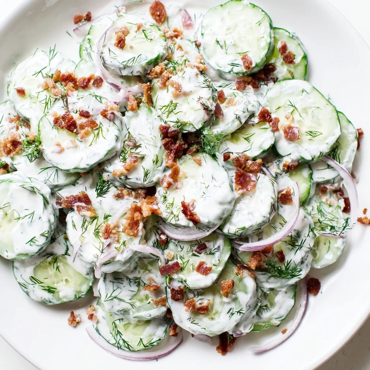 Crisp cucumber salad with smoky bacon crumbles tossed in tangy Greek yogurt dressing