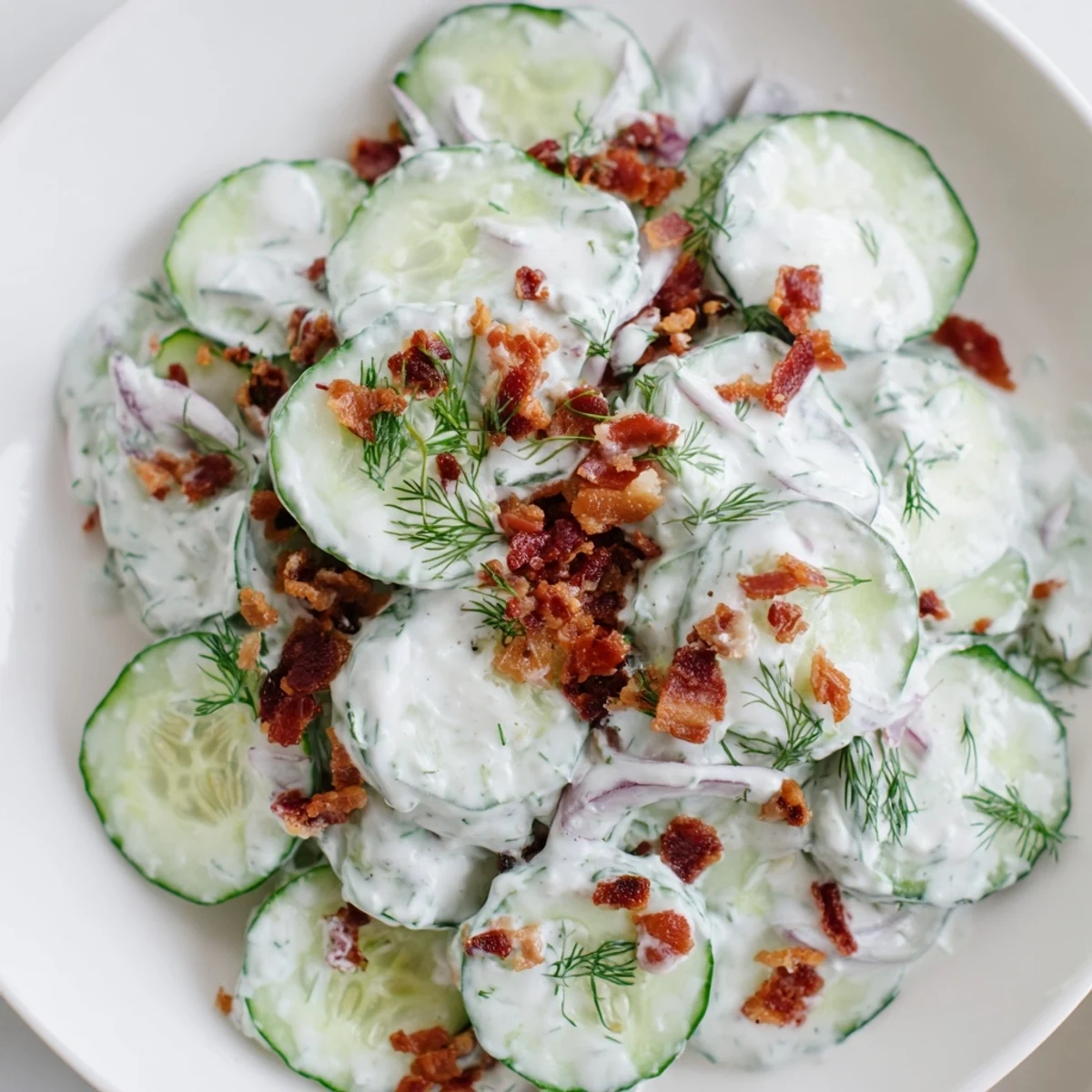 Thinly sliced cucumbers and red onion in creamy cucumber salad topped with crispy bacon