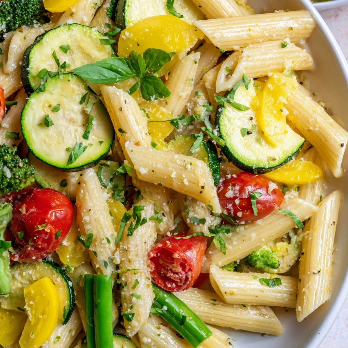 Colorful Pasta Primavera loaded with fresh spring vegetables in a light garlic sauce