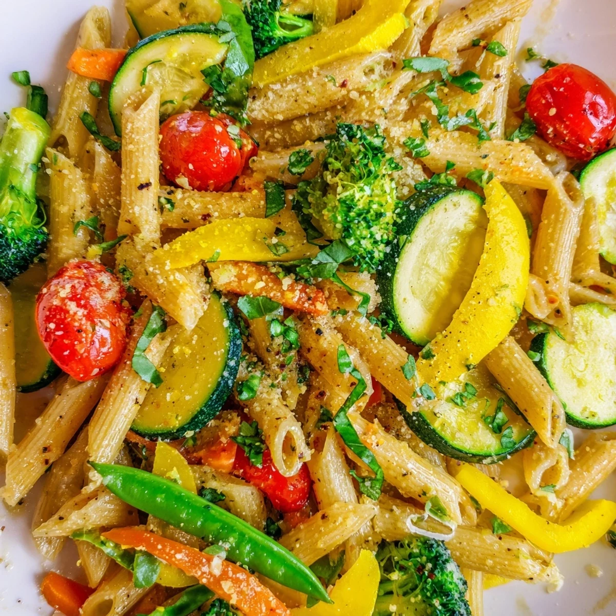 Vibrant Pasta Primavera in a white bowl garnished with fresh basil and cheese