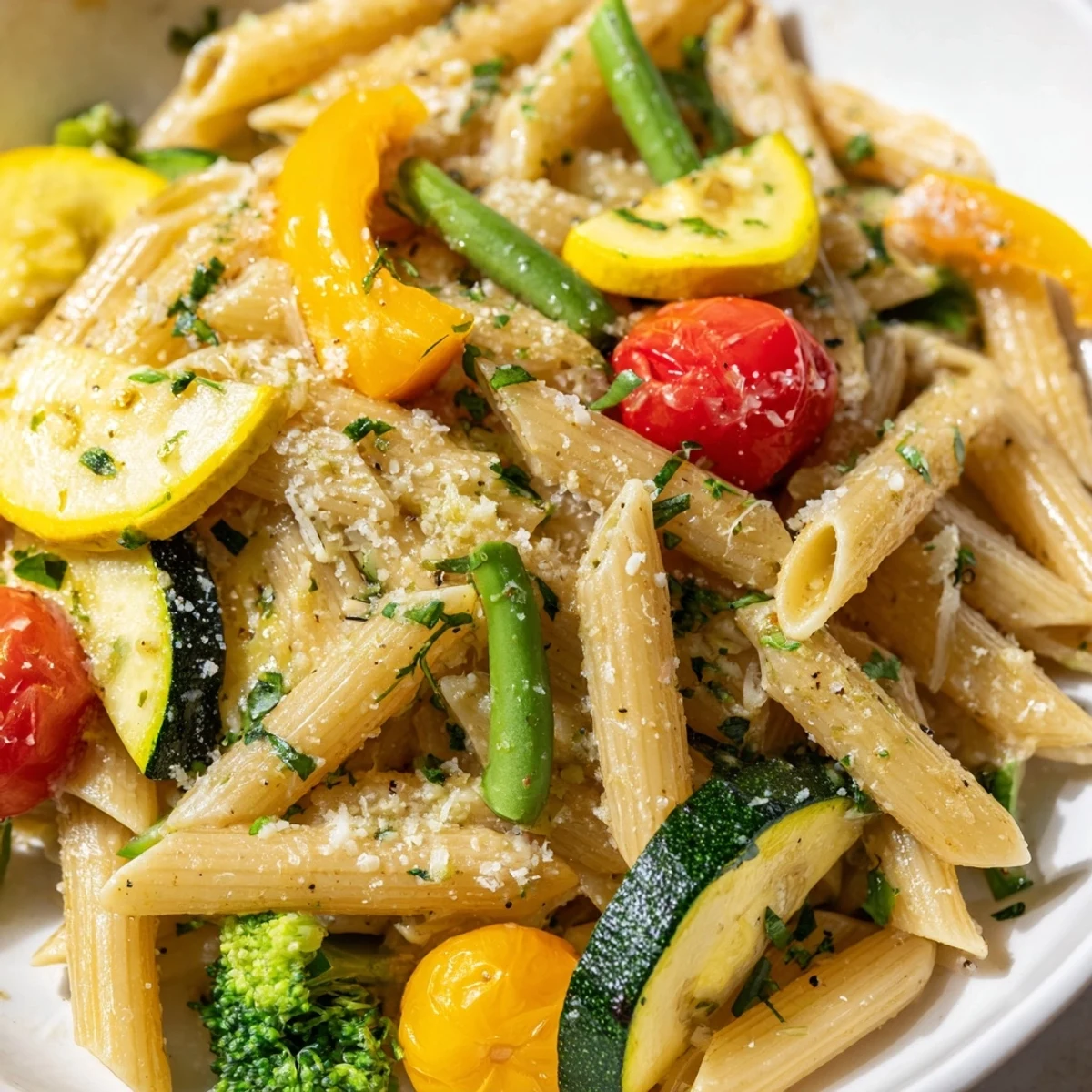 Creamy Pasta Primavera tossed with crisp tender vegetables and finished with Parmesan