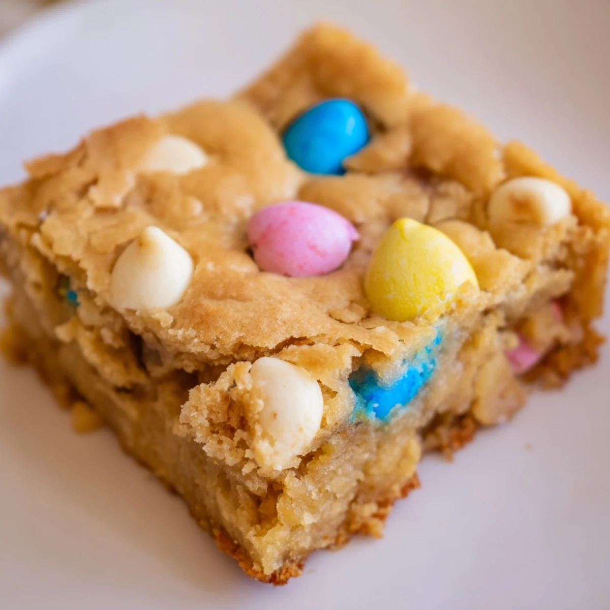 Golden mini Cadbury Easter Egg blondies with colorful candy pieces scattered on top