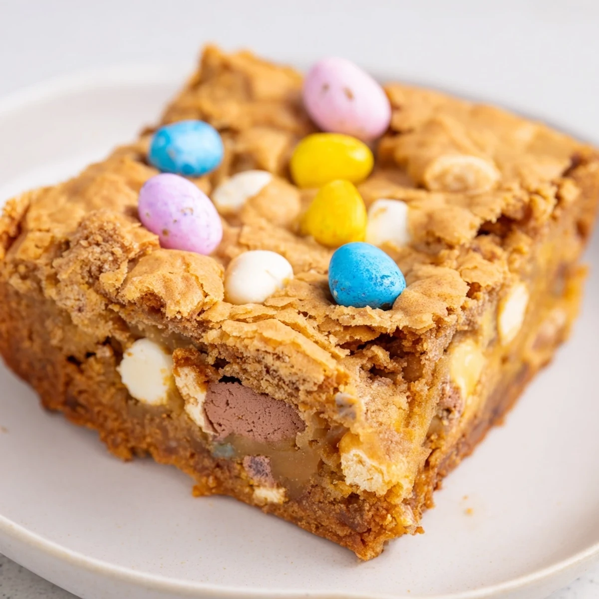 Chewy mini Cadbury Easter Egg blondies cut into squares showing gooey chocolate chips inside