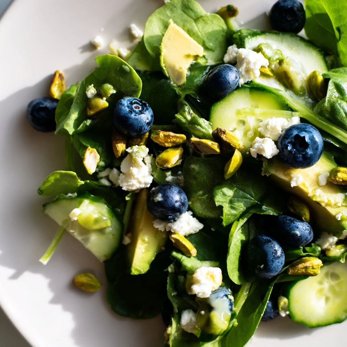 Blueberry Pistachio Spring Salad topped with creamy feta and fresh berries on crisp greens