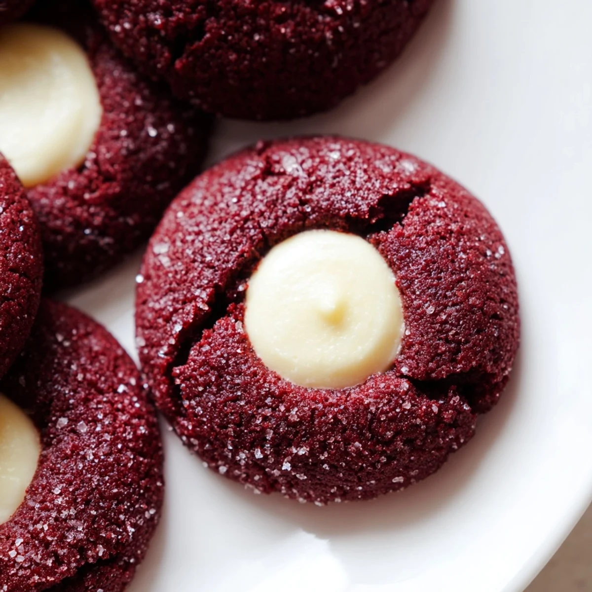Bright red velvet thumbprint cookies with creamy cheesecake filling on a rustic baking sheet
