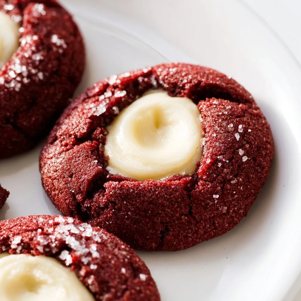 Red velvet thumbprint cookies topped with smooth cream cheese centers dusted in powdered sugar