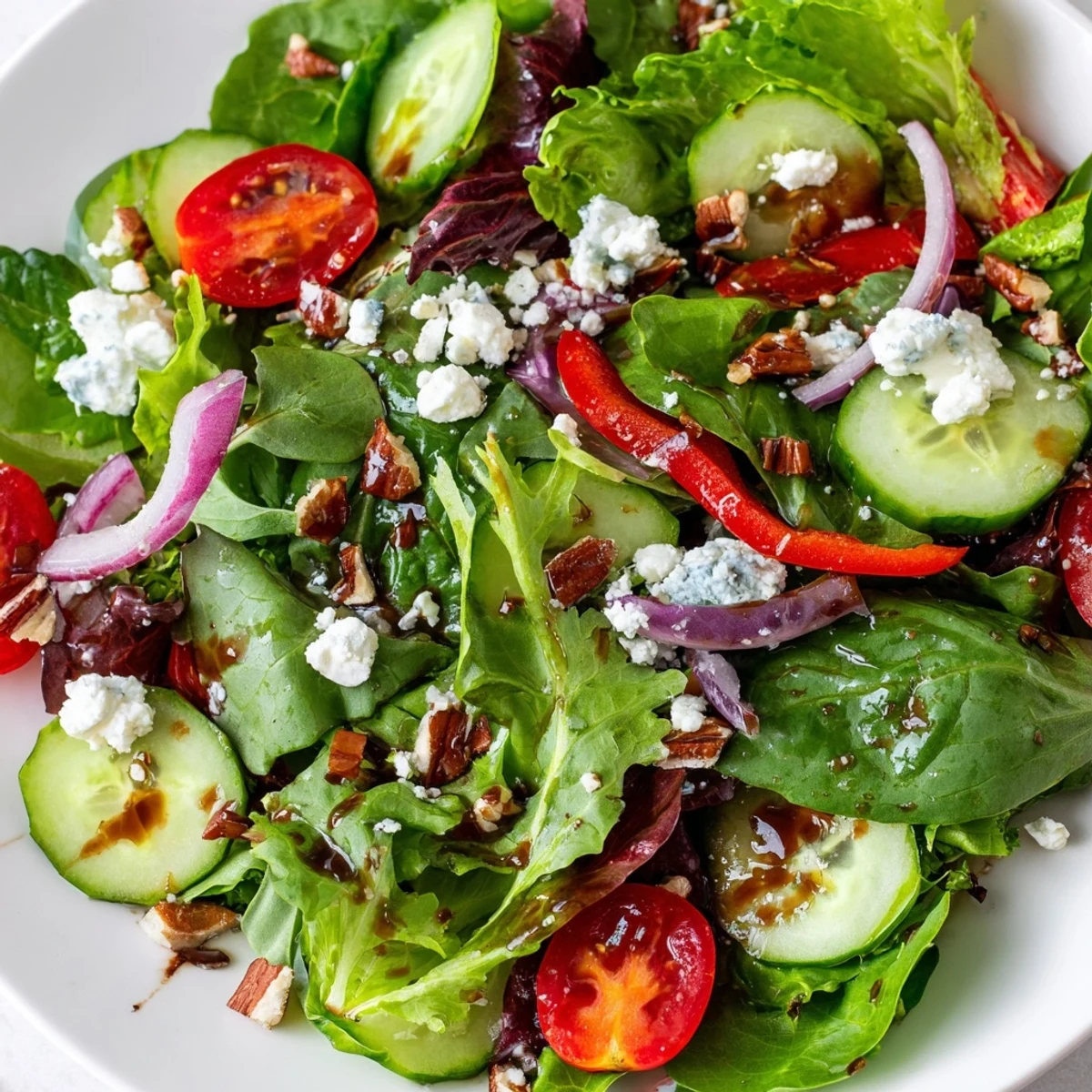 Spring mix salad with colorful vegetables and crumbled feta in a white serving bowl