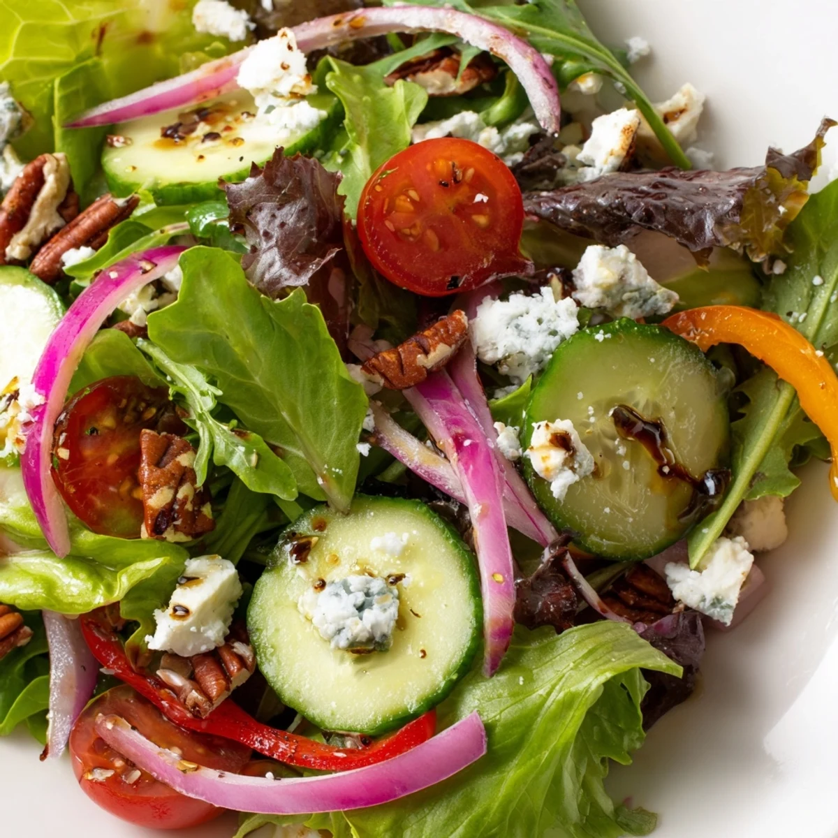 Fresh spring mix salad greens tossed with cherry tomatoes cucumber and balsamic dressing