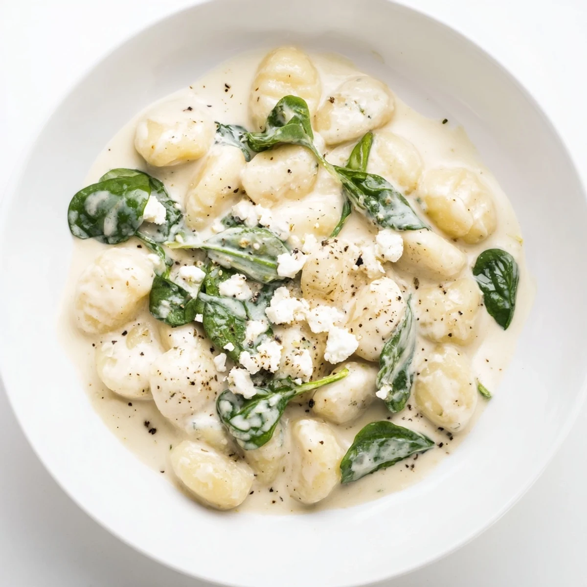 Creamy gnocchi with spinach and feta topped with extra crumbled cheese