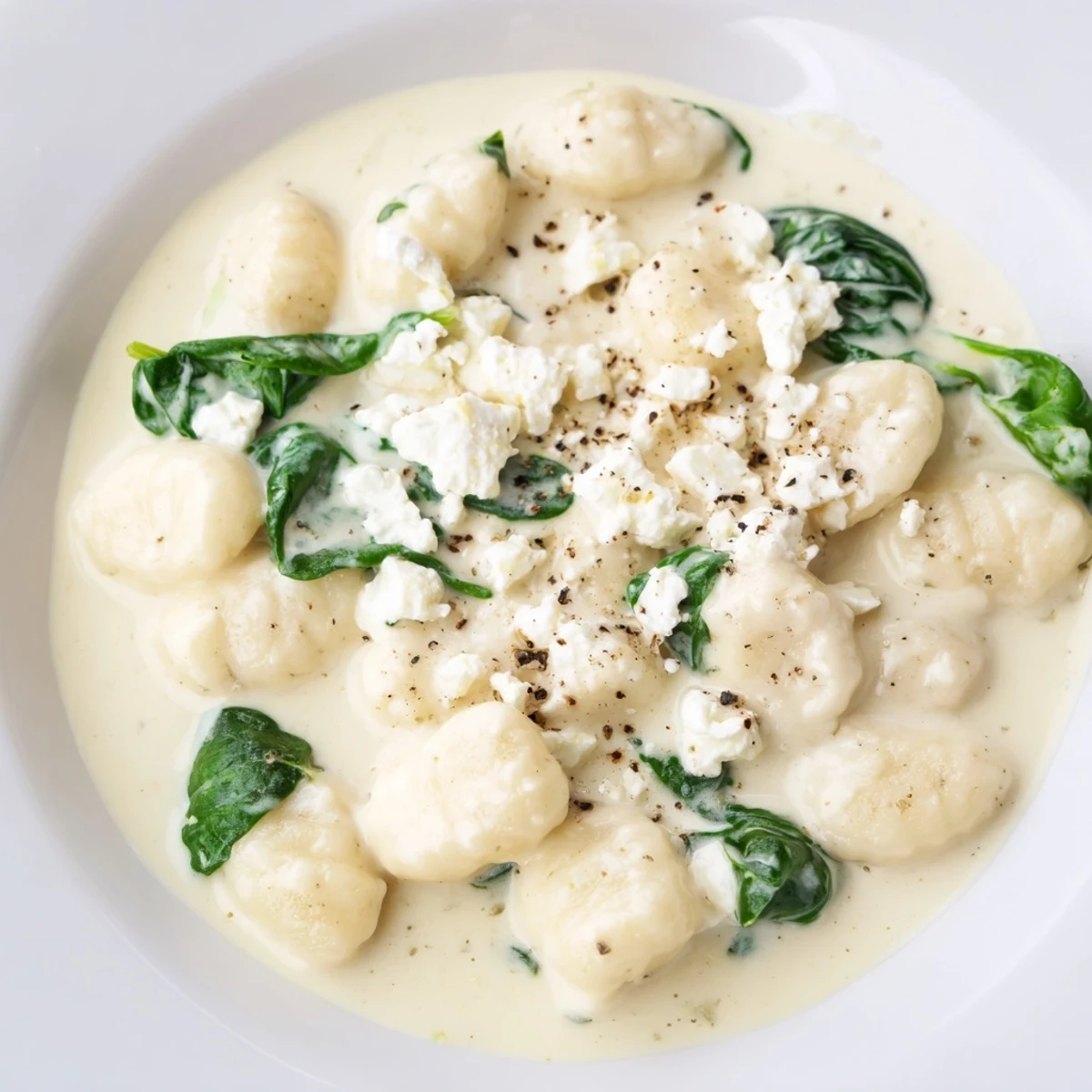 Bowl of creamy gnocchi with spinach and feta in a rich white sauce