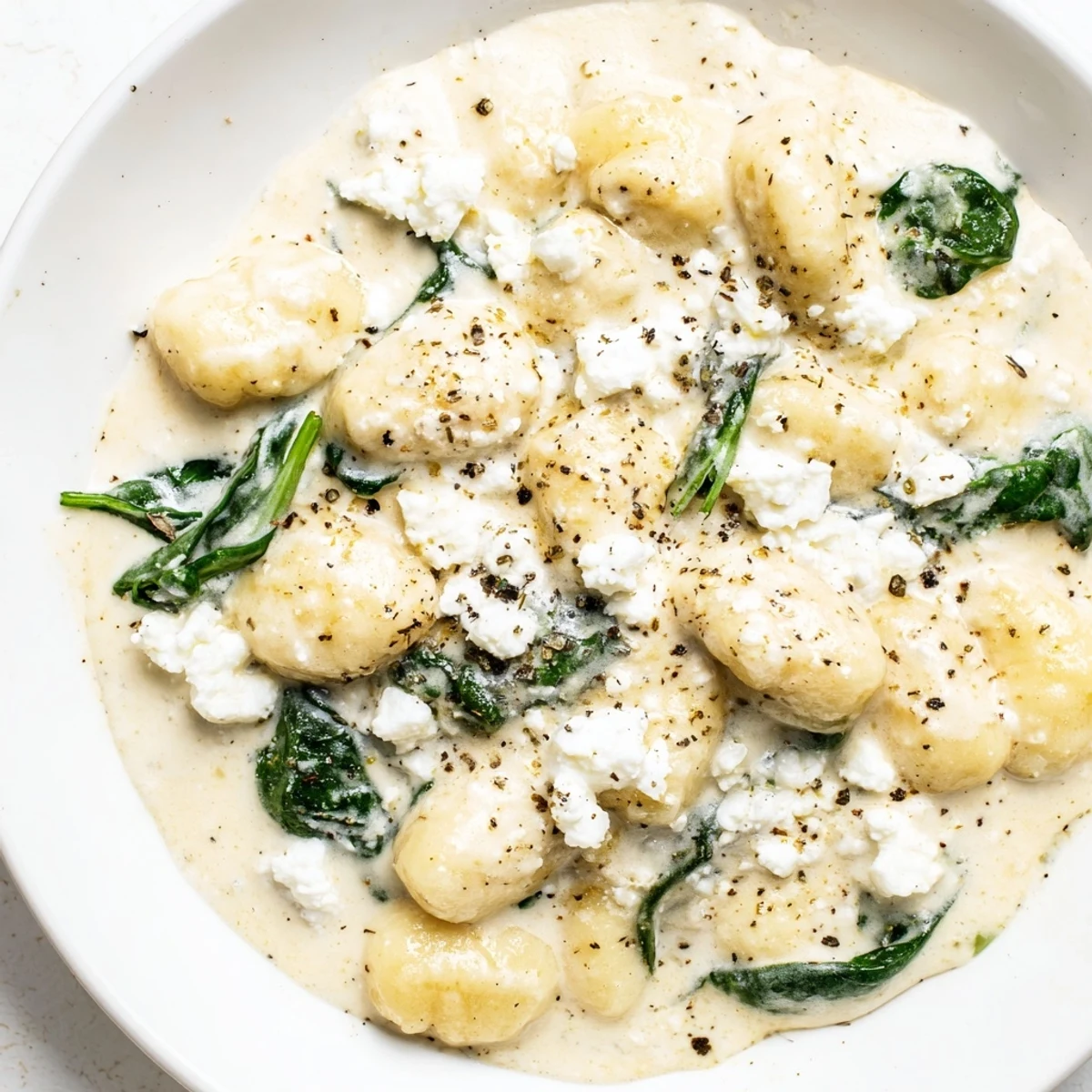 Golden potato gnocchi tossed with wilted spinach and feta in a creamy skillet sauce