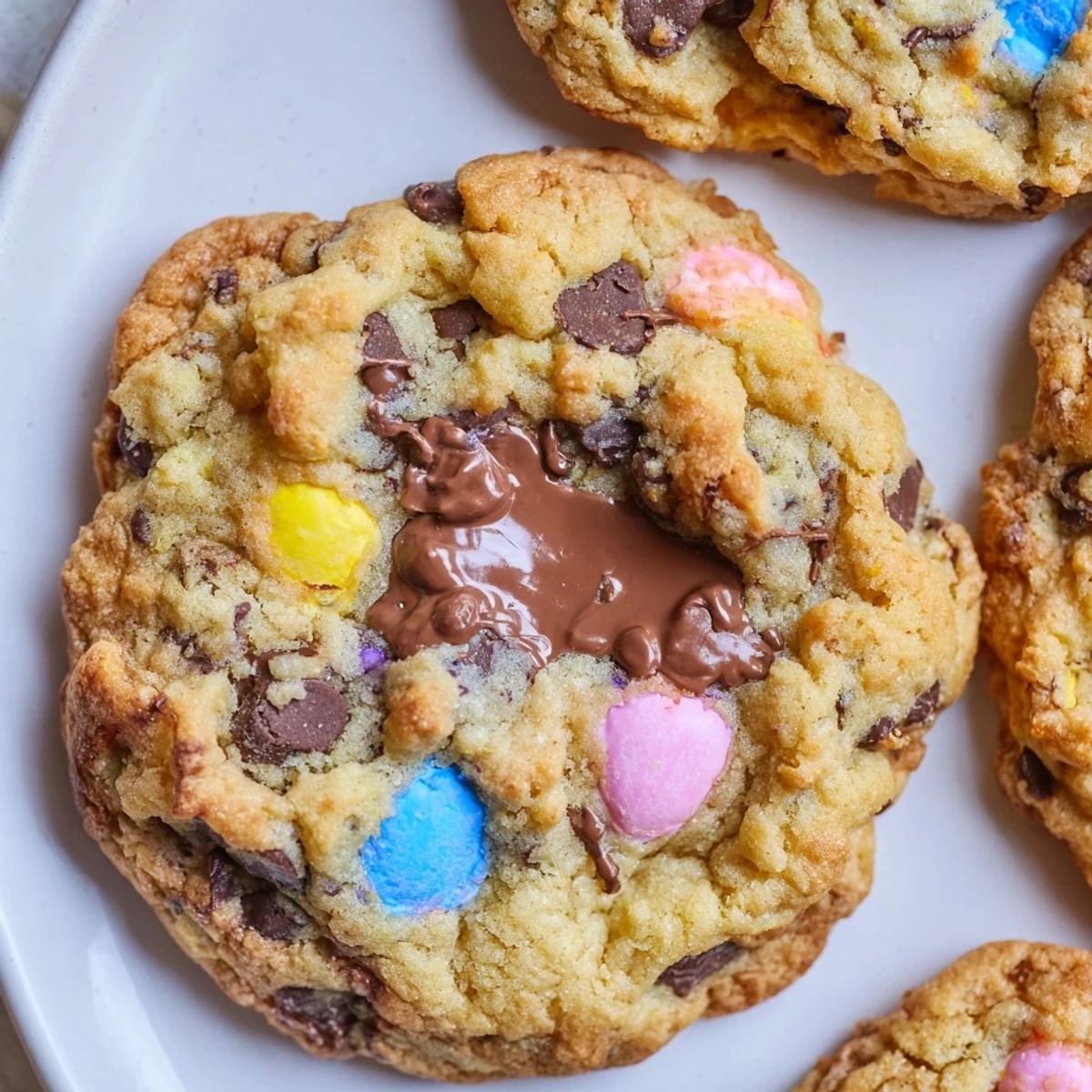 Soft Cadbury Egg Cookies with golden edges and colorful candy pieces on a rustic baking sheet