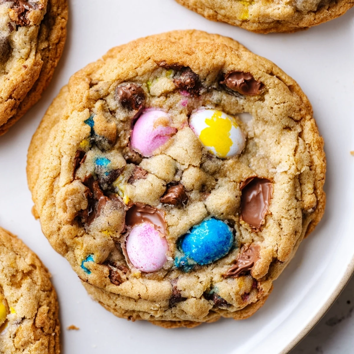 Chewy Cadbury Egg Cookies studded with chocolate chips and pastel egg chunks close-up