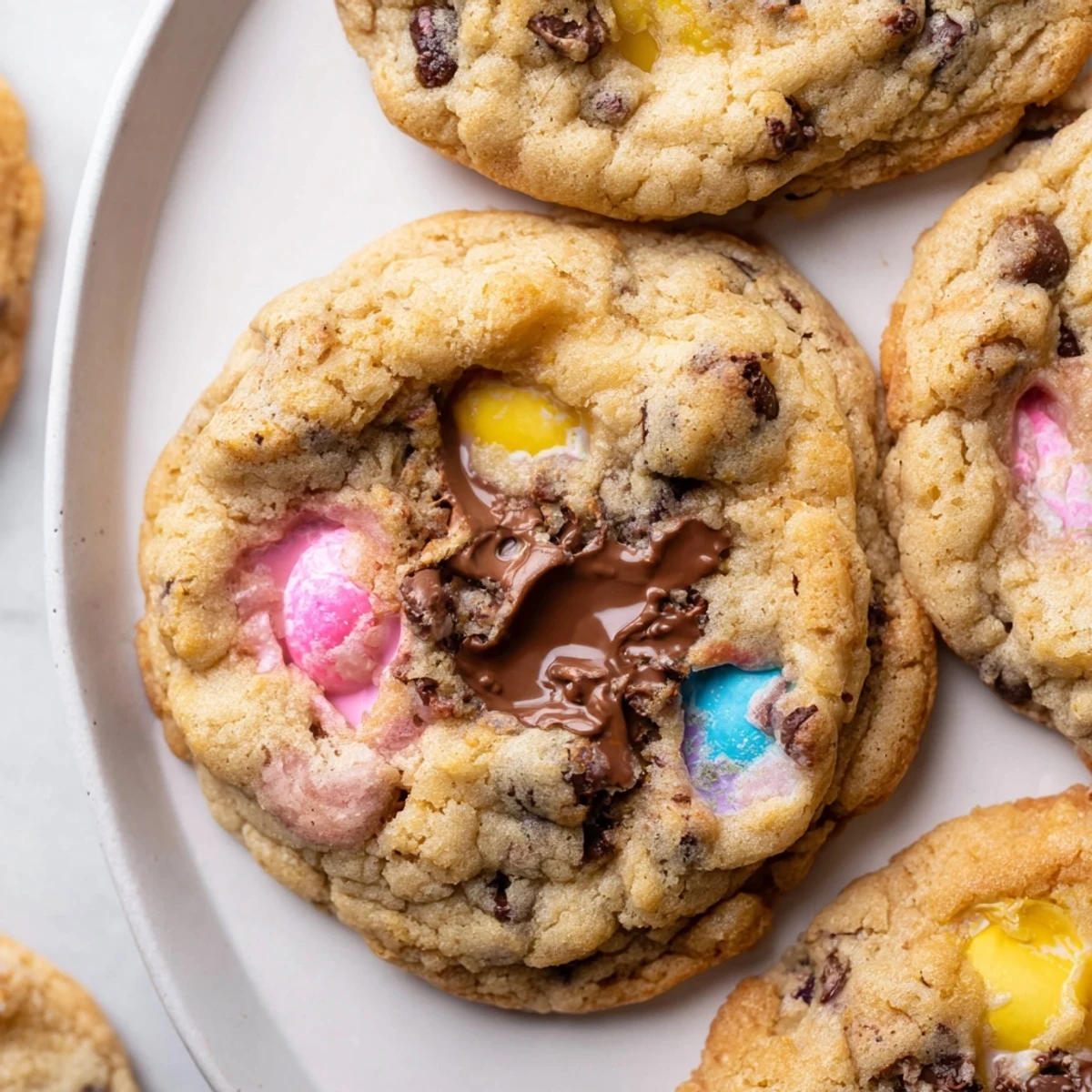 Warm Cadbury Egg Cookies fresh from the oven topped with melted chocolate and sprinkled Cadbury fragments