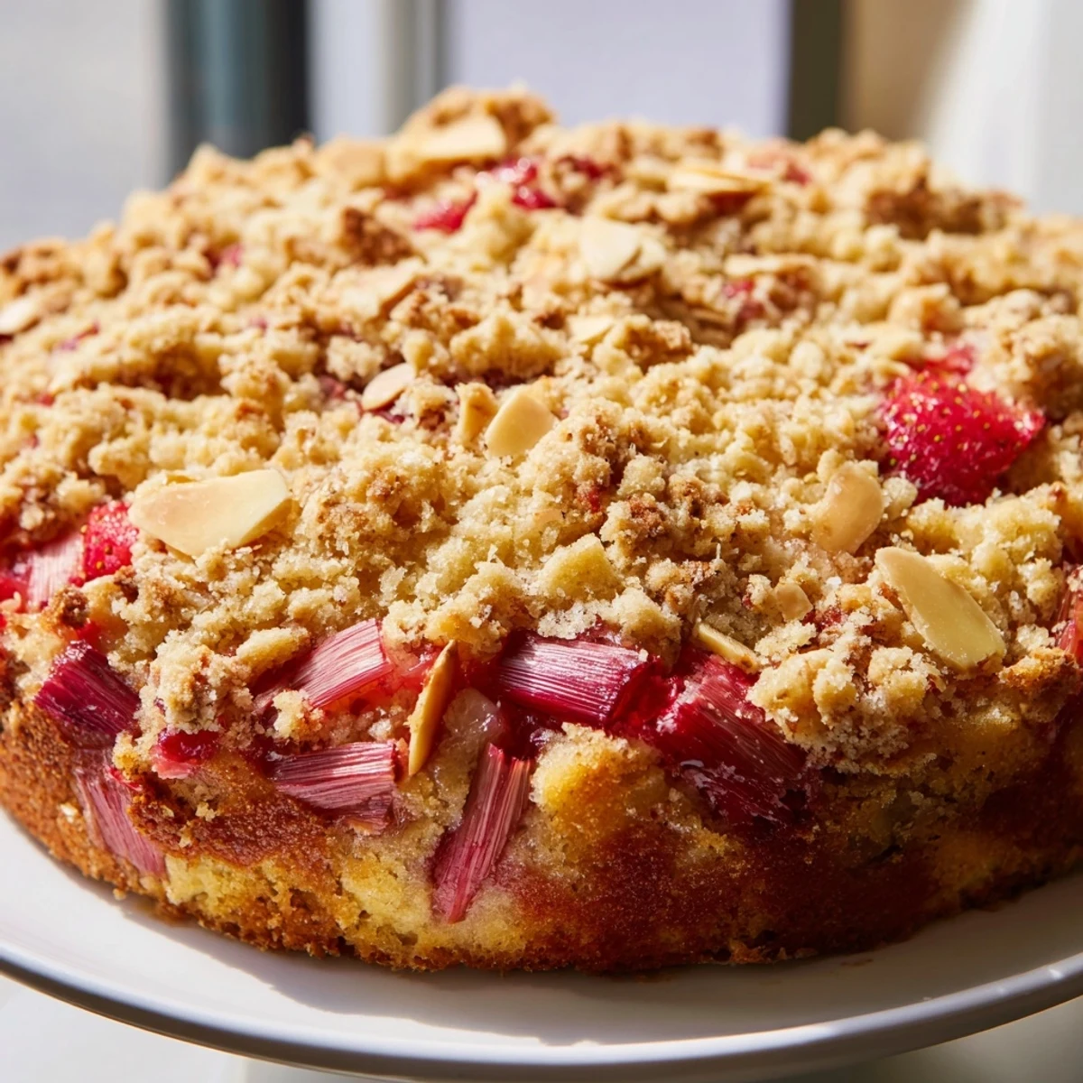 Golden spring baking treat with bright rhubarb, strawberries, and crunchy almond streusel on top