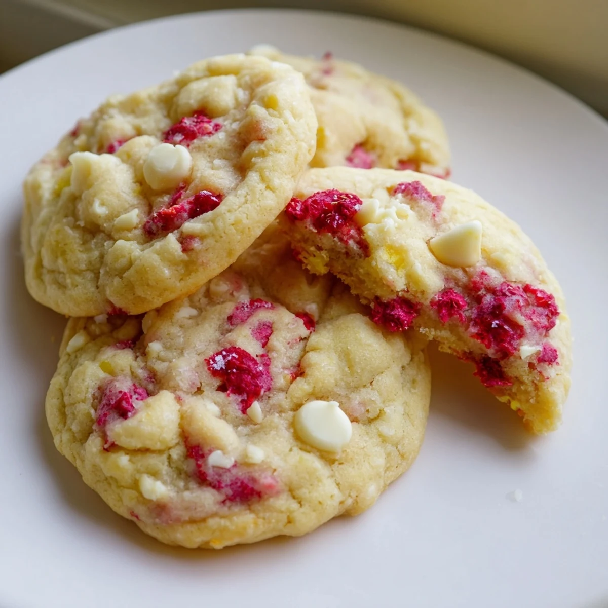Golden lemon raspberry cookies with juicy red berries scattered throughout soft, chewy texture
