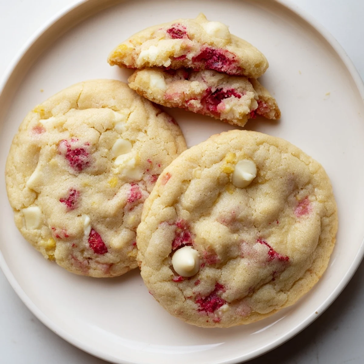 Fresh lemon raspberry cookies arranged on cooling rack with visible zest and berry pieces