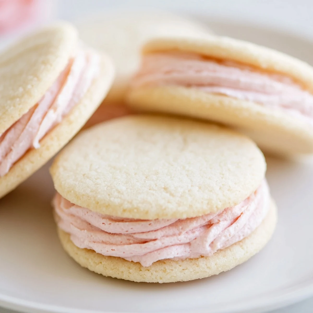 Soft pastel sugar cookie sandwiches filled with swirls of pink and lavender buttercream frosting