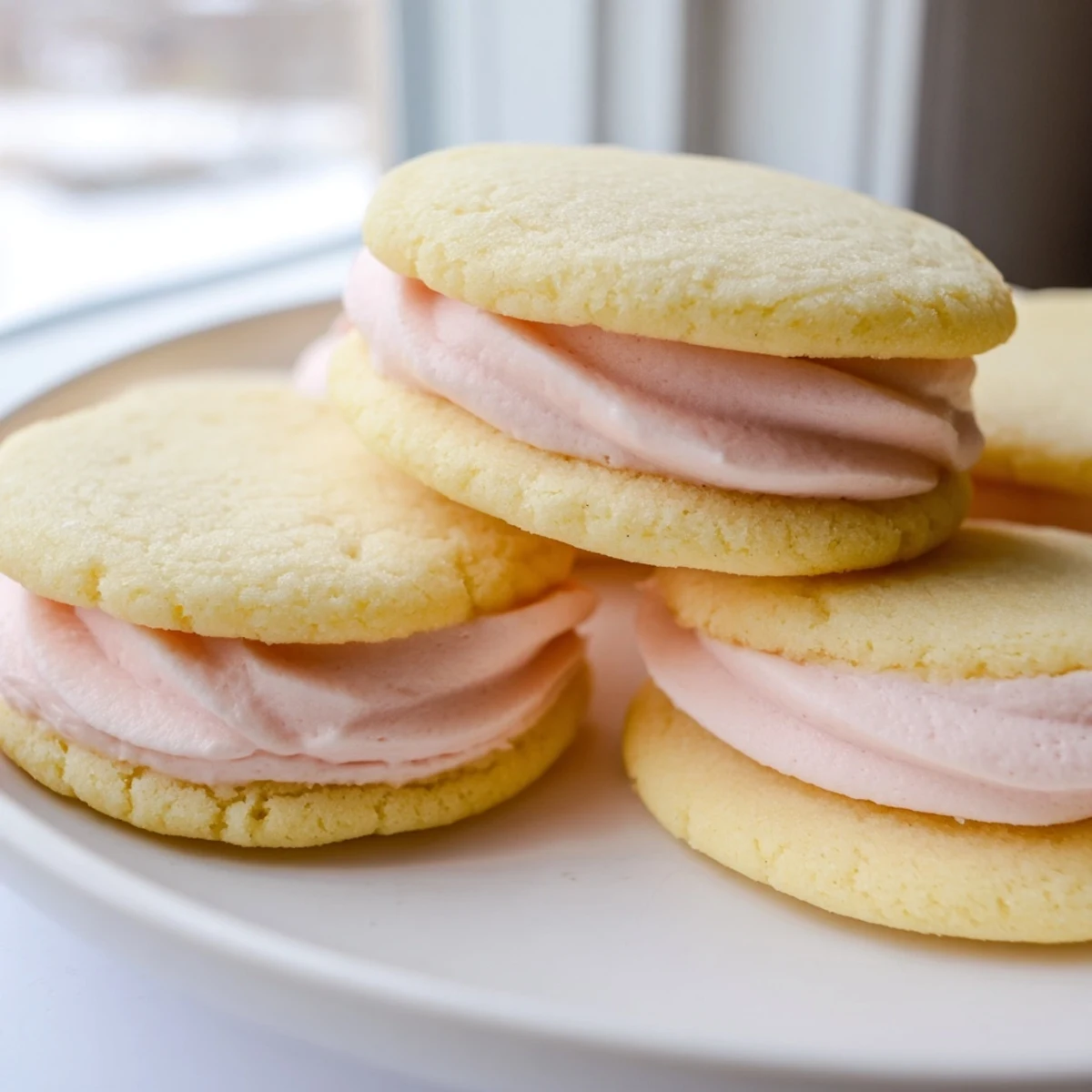 Delicate sugar cookie sandwiches with fluffy pastel buttercream peeking out from golden edges
