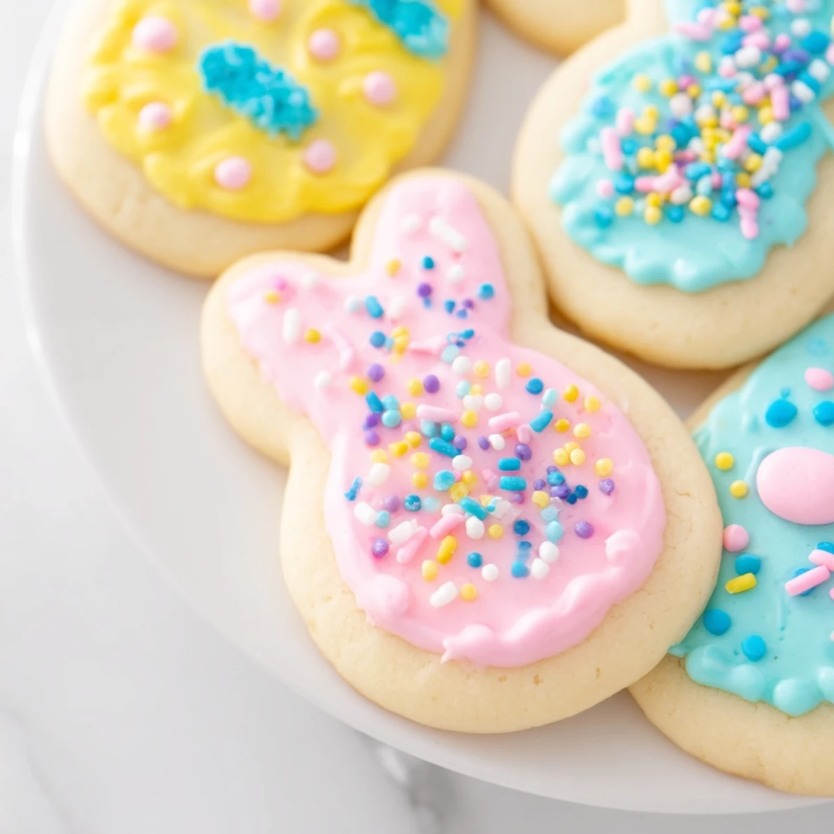 Soft Easter cookies decorated with pastel royal icing and colorful spring sprinkles on a rustic baking sheet
