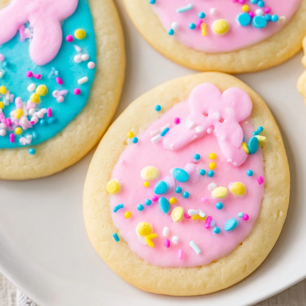 Golden buttery Easter cookies arranged on a white platter drizzled with sweet vanilla icing for holiday gatherings