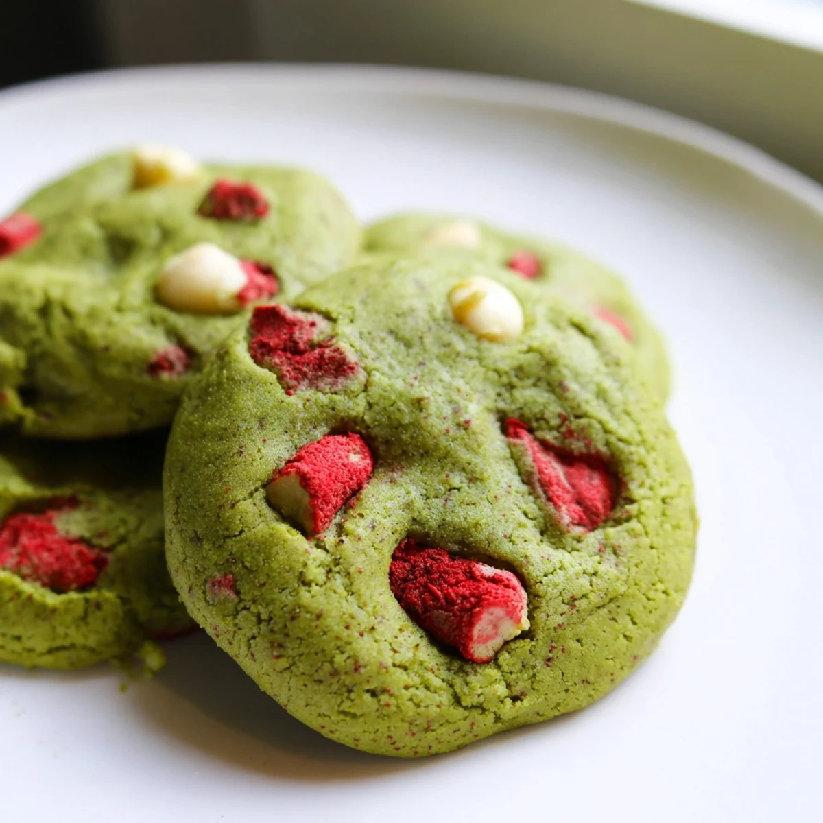 Soft strawberry matcha cookies with vibrant green color and specks of red fruit