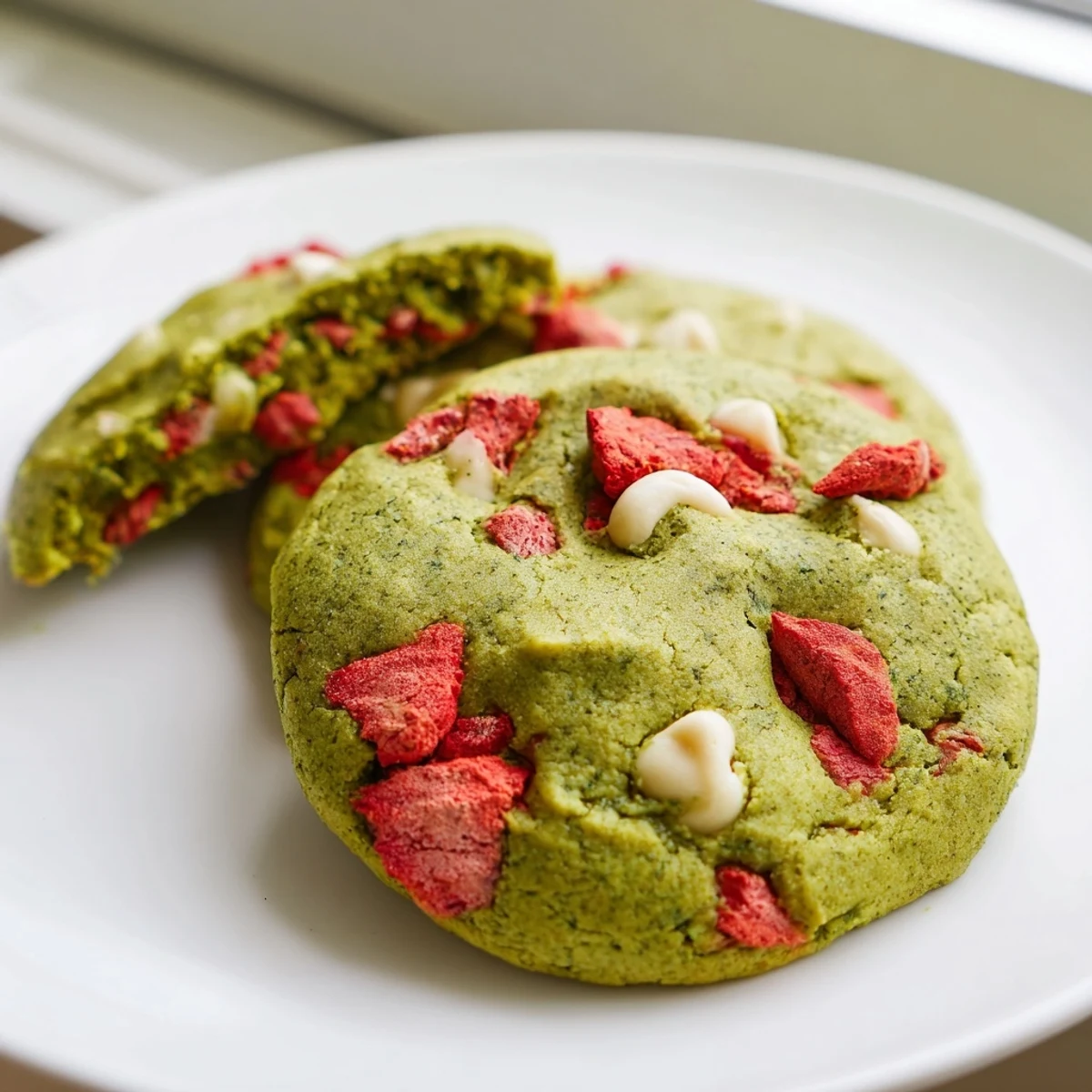 Chewy matcha cookies studded with freeze-dried strawberries on a rustic baking sheet