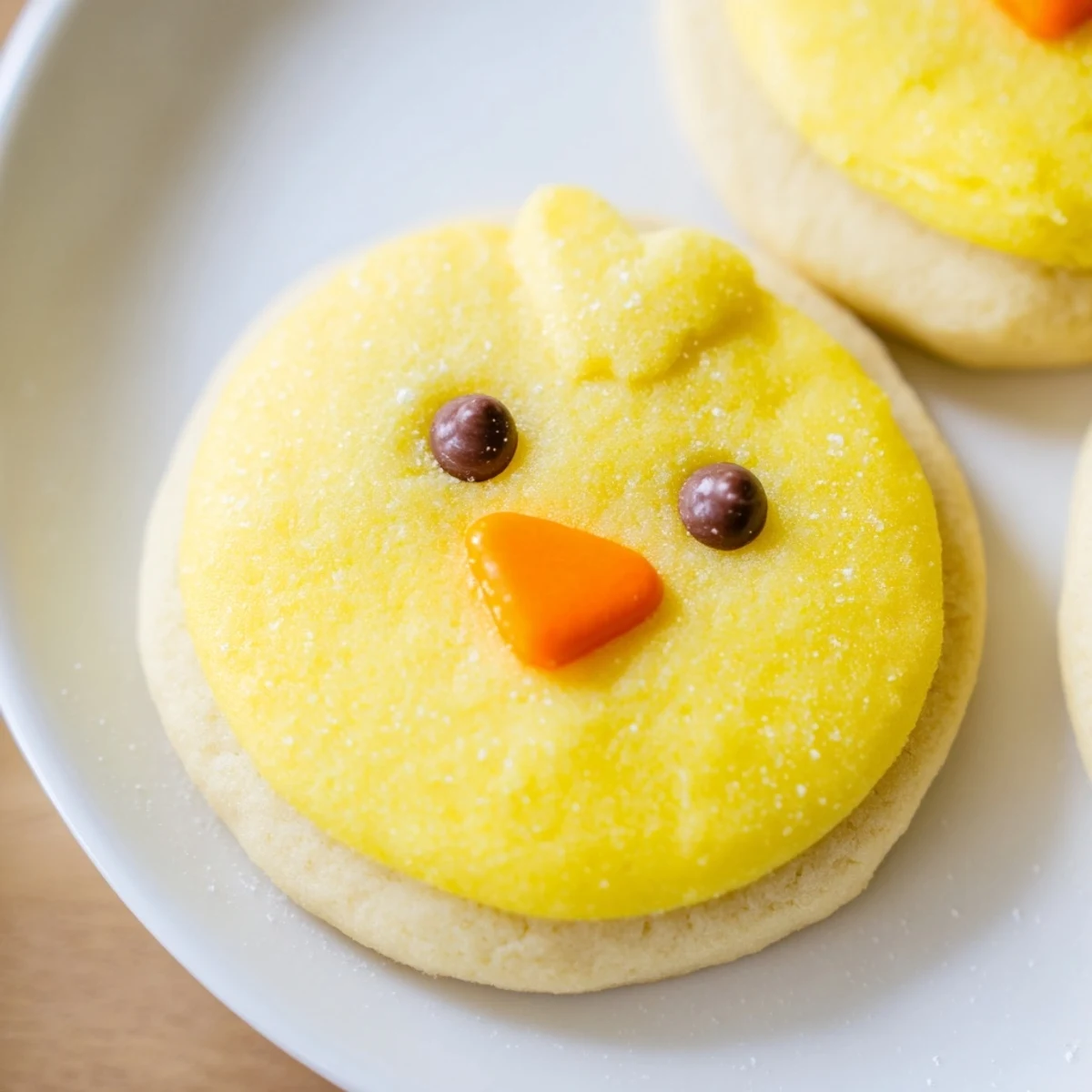 Bright yellow chick cookies with candy eyes and orange beaks on a rustic baking sheet
