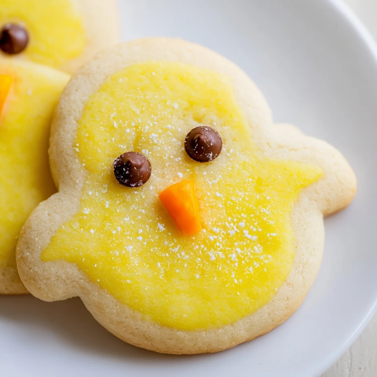 Golden buttery chick cookies drizzled with sweet glaze served on a white parchment lined tray