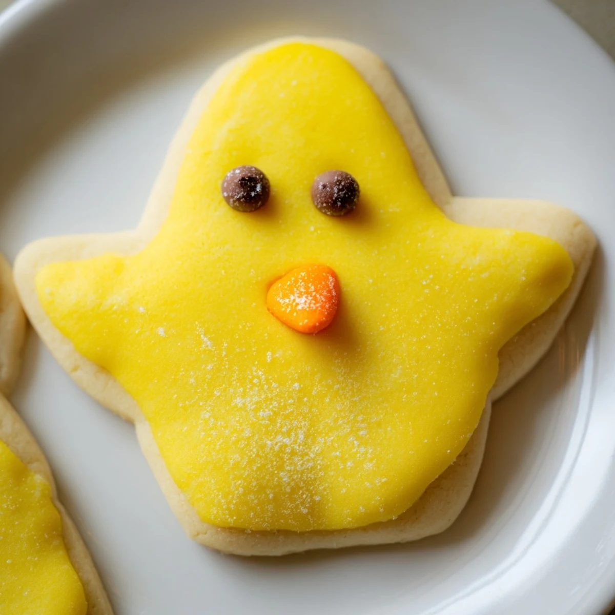 Adorable chick cookies decorated with chocolate chip eyes arranged on a festive spring platter