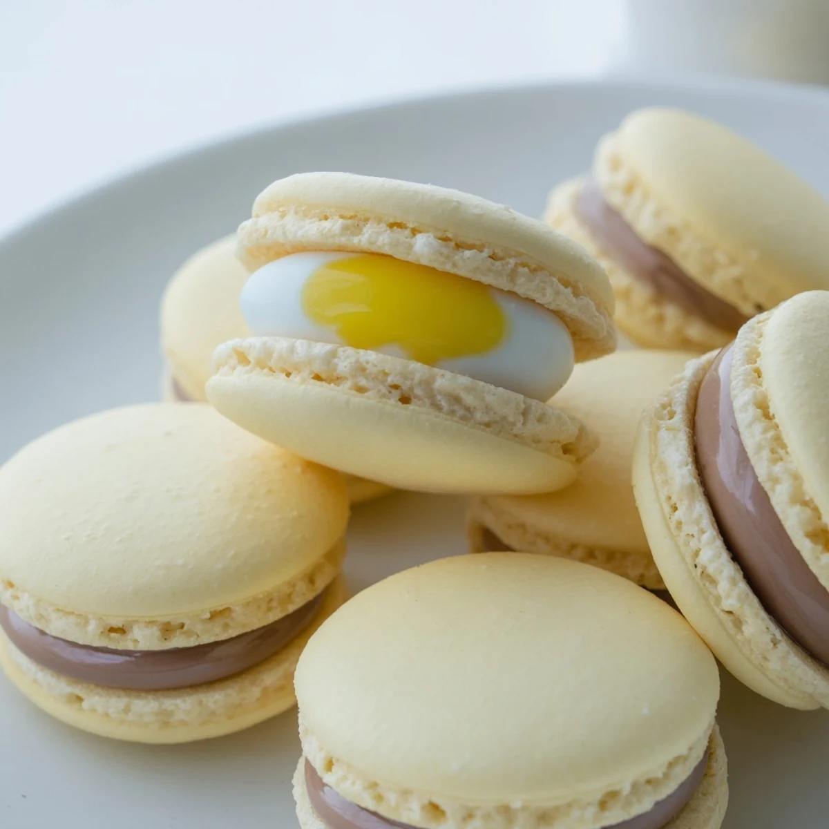 Cadbury Egg macarons with smooth chocolate ganache and golden yolk centers nestled on white parchment paper