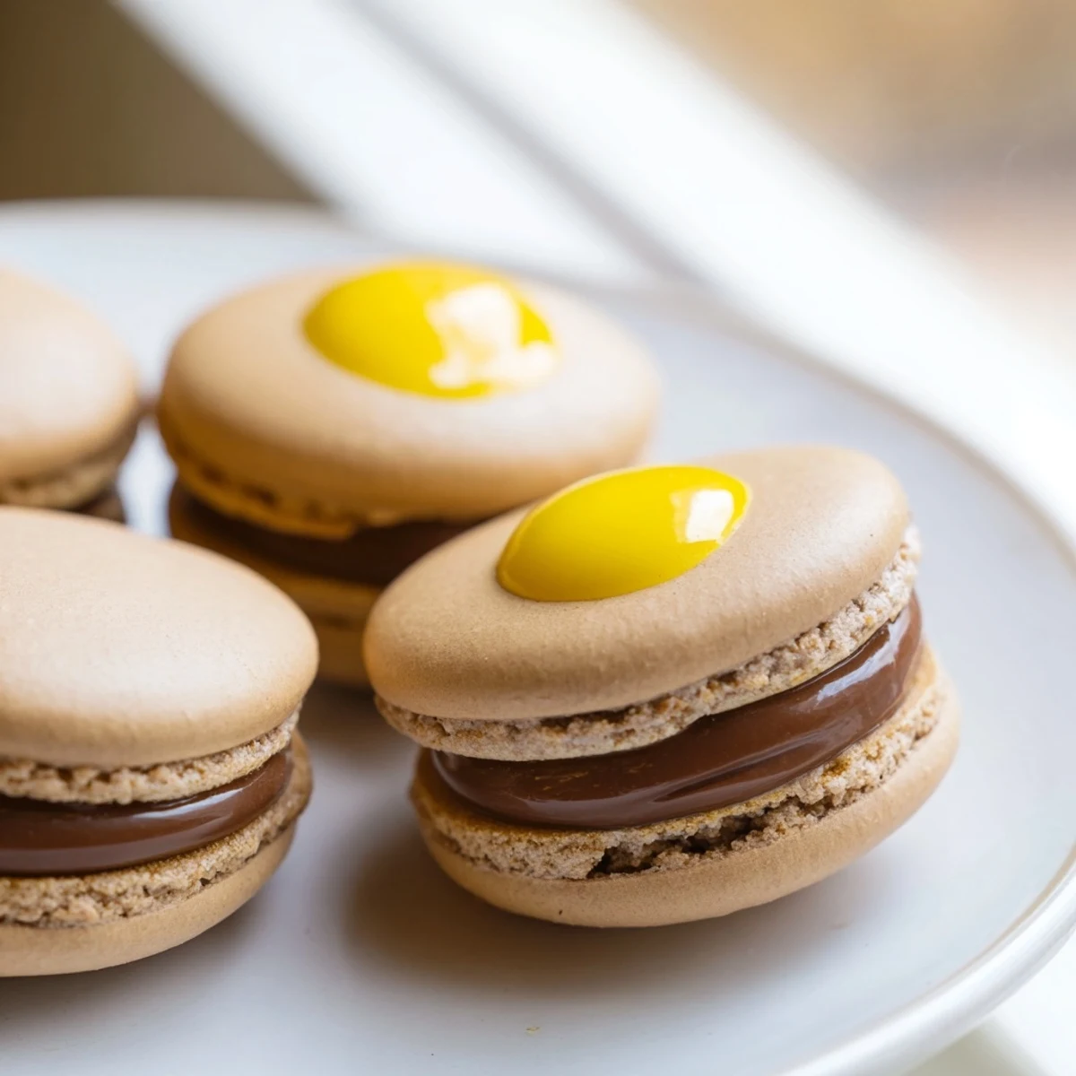 Pastel French macarons inspired by Cadbury Creme Eggs arranged on a decorative Easter dessert platter