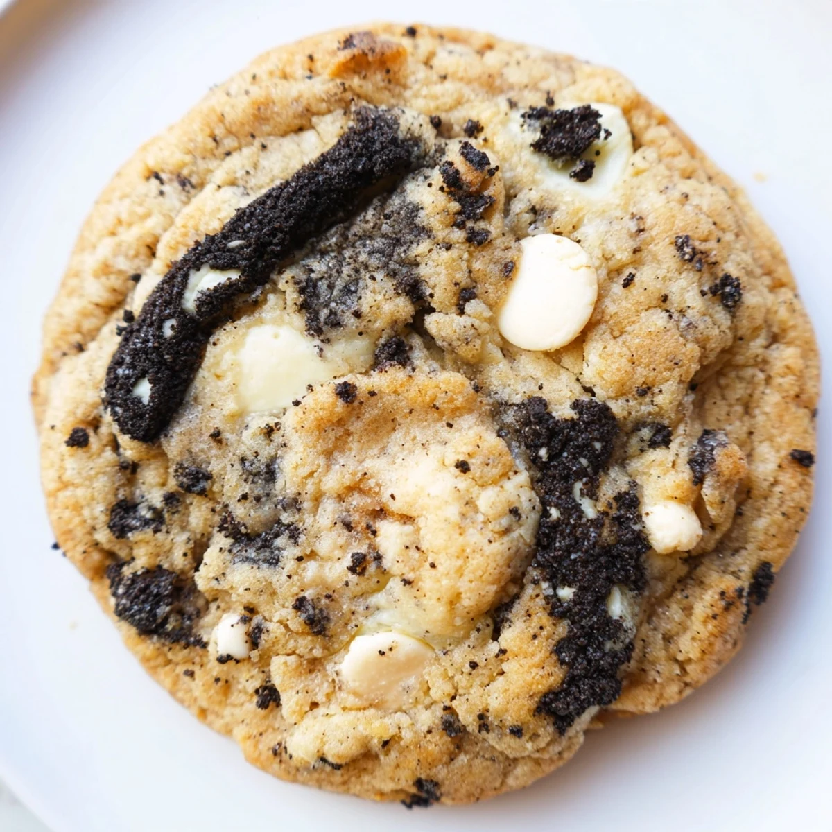 Warm cookies and cream cookie fresh from oven with golden edges and creamy chunks